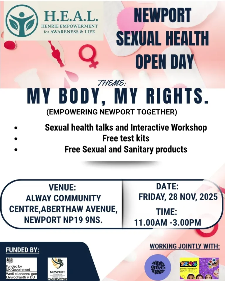 Newport City Sexual Health Open Day, My Body, My Right flyer. Friday, 28th November 2025, 11:00am to 3:00pm, Alway Community Centre, Aberthaw Avenue Newport NP19 9NS.