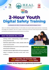 2-Hour Youth Digital Safety Training flyer. Saturday, 14th November 2026, 6:00pm to 8:00pm, Online.